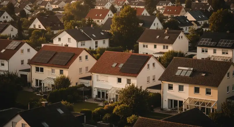 Aerial drone view of typical German residential neighborhood with mixed roof types, red and dark roof tiles, gardens visible, sunny day