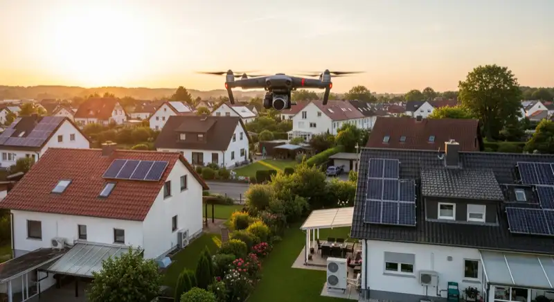 Aerial drone view of typical German residential neighborhood with mixed roof types, red and dark roof tiles, gardens visible, sunny day
