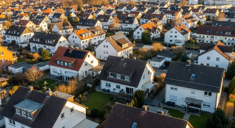 Aerial drone view of typical German residential neighborhood with mixed roof types, red and dark roof tiles, gardens visible, sunny day
