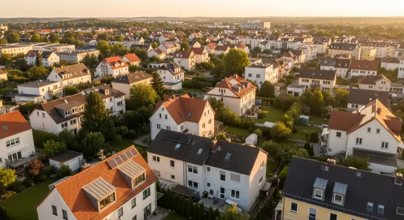 Aerial drone view of typical German residential neighborhood with mixed roof types, red and dark roof tiles, gardens visible, sunny day