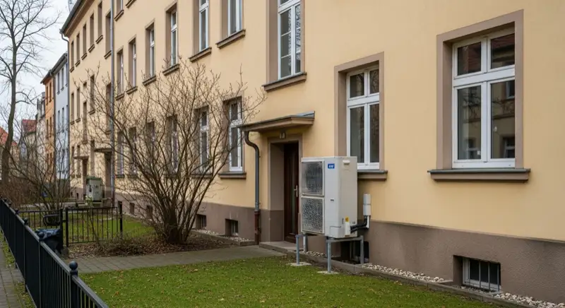 Wärmepumpen-Außengerät vor einem typischen Görlitzer Gründerzeithaus in der Südstadt