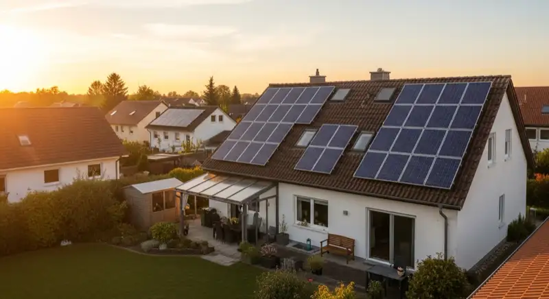 German detached house (Einfamilienhaus) with photovoltaic panels on pitched roof, well-maintained garden, warm afternoon sunlight