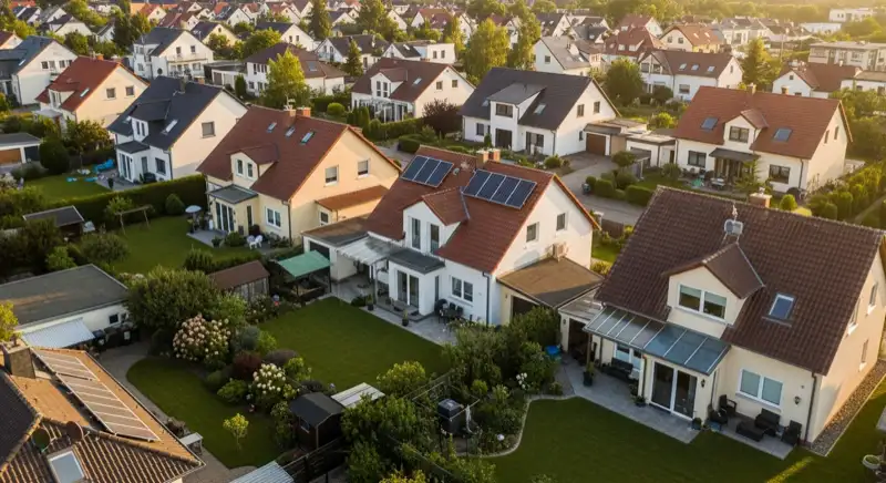 Aerial drone view of typical German residential neighborhood with mixed roof types, red and dark roof tiles, gardens visible, sunny day