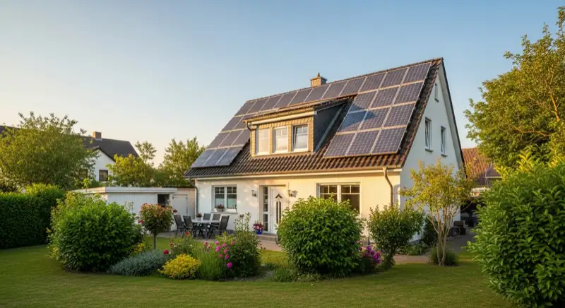 German detached house (Einfamilienhaus) with photovoltaic panels on pitched roof, well-maintained garden, warm afternoon sunlight