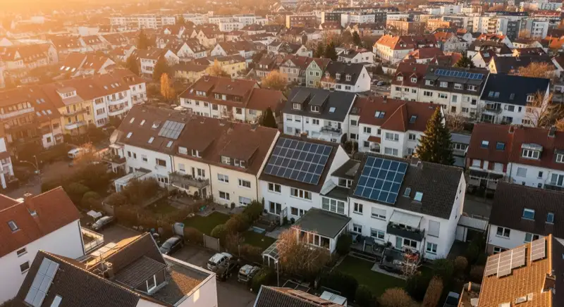 Aerial drone view of typical German residential neighborhood with mixed roof types, red and dark roof tiles, gardens visible, sunny day