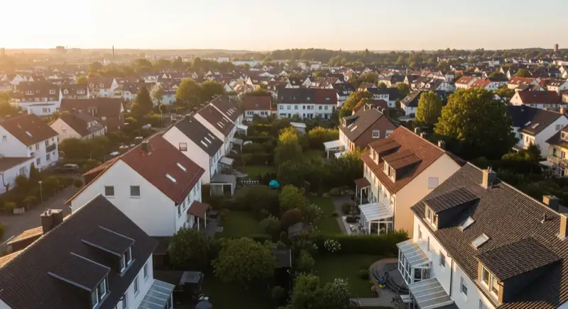 Aerial drone view of typical German residential neighborhood with mixed roof types, red and dark roof tiles, gardens visible, sunny day