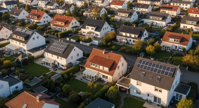 Aerial drone view of typical German residential neighborhood with mixed roof types, red and dark roof tiles, gardens visible, sunny day