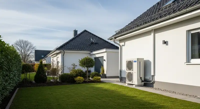 Wärmepumpen-Außeneinheit wird an Göttinger Einfamilienhaus installiert