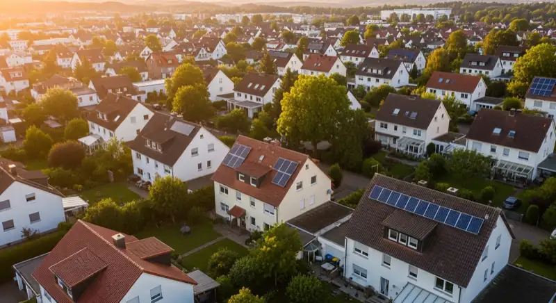 Aerial drone view of typical German residential neighborhood with mixed roof types, red and dark roof tiles, gardens visible, sunny day