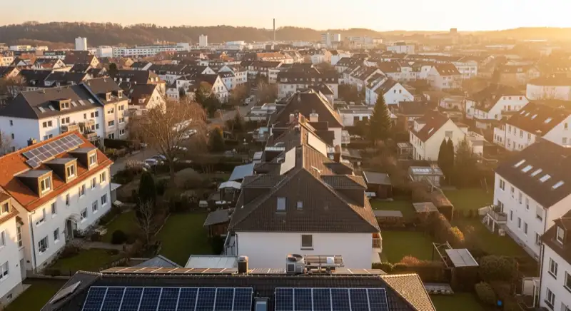 Aerial drone view of typical German residential neighborhood with mixed roof types, red and dark roof tiles, gardens visible, sunny day