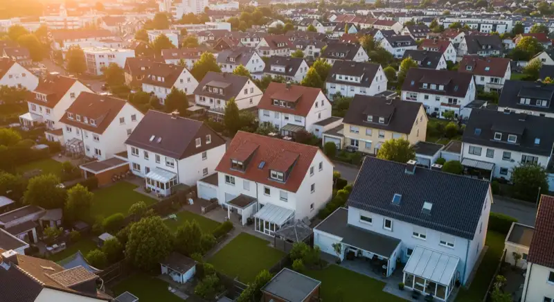 Aerial drone view of typical German residential neighborhood with mixed roof types, red and dark roof tiles, gardens visible, sunny day