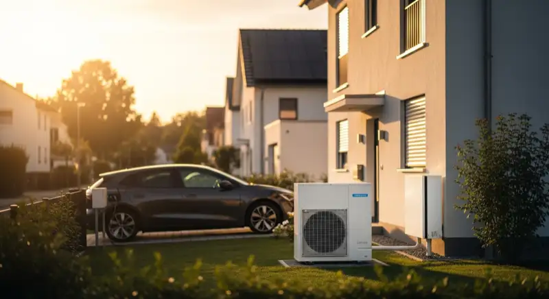 Modernes Einfamilienhaus in Goslar mit Luft-Wasser-Wärmepumpe im Vorgarten und weißer Wallbox an der Hauswand, E-Auto beim Laden
