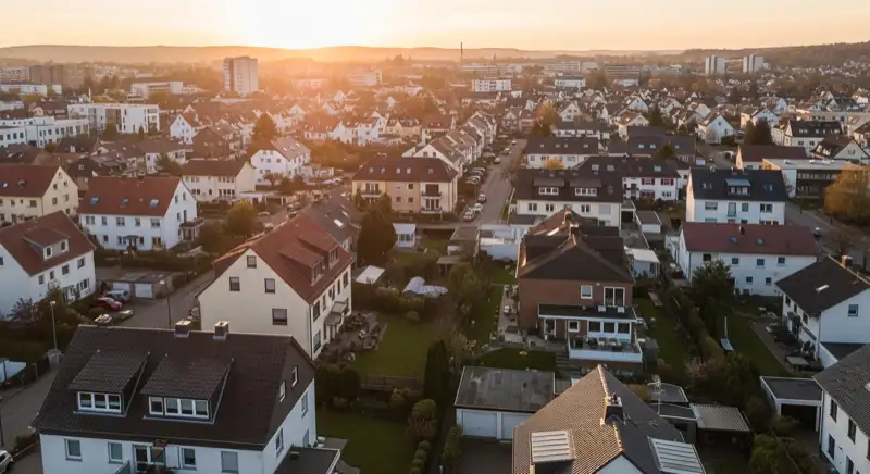 Aerial drone view of typical German residential neighborhood with mixed roof types, red and dark roof tiles, gardens visible, sunny day
