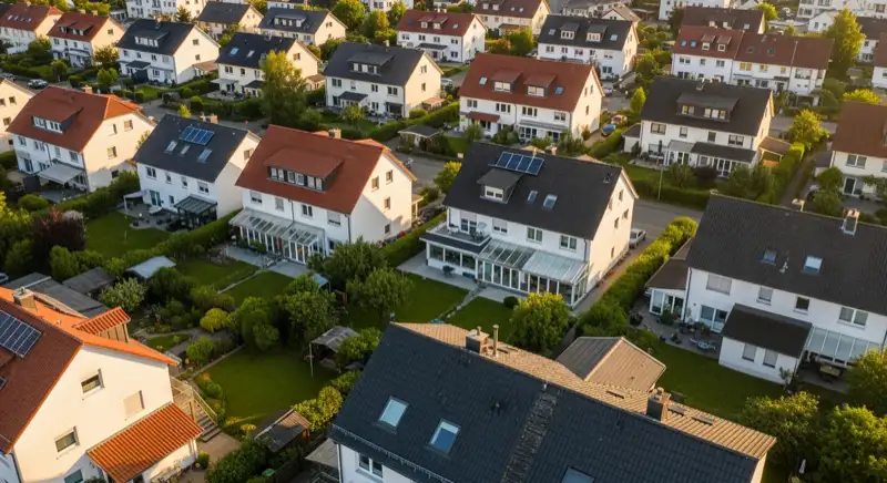 Aerial drone view of typical German residential neighborhood with mixed roof types, red and dark roof tiles, gardens visible, sunny day