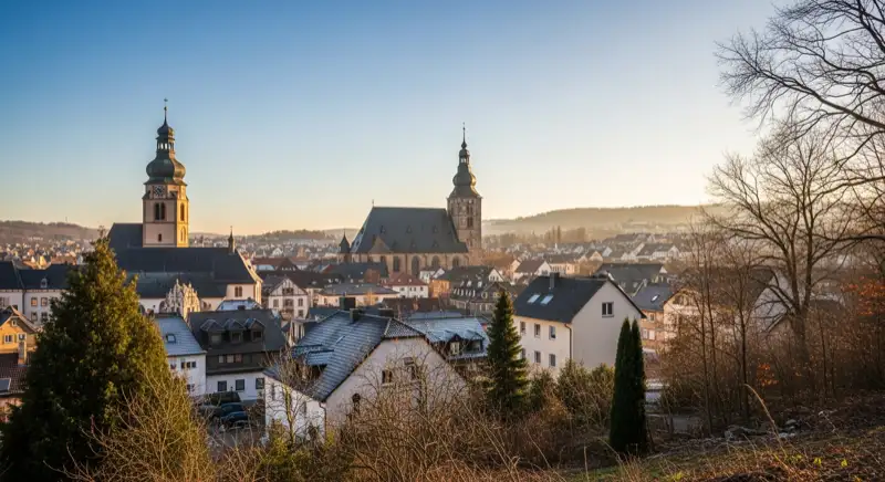 Aerial drone view of typical German residential neighborhood with mixed roof types, red and dark roof tiles, gardens visible, sunny day