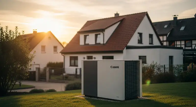 Wärmepumpen-Außeneinheit vor typischem Gothaer Einfamilienhaus mit Satteldach