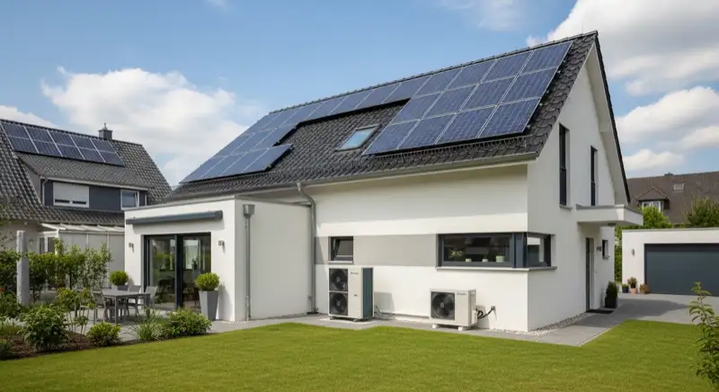 Modern German electrical meter cabinet (Zählerschrank) with smart meter and solar inverter connection, clean technical installation