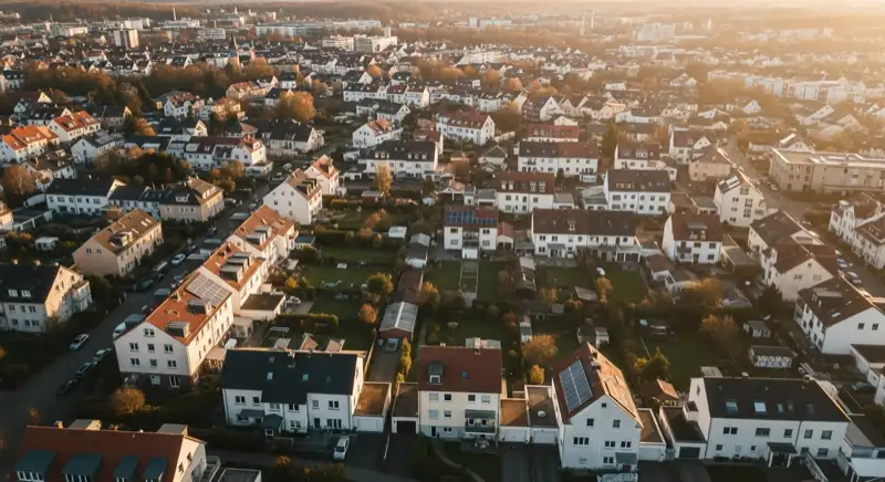 Aerial drone view of typical German residential neighborhood with mixed roof types, red and dark roof tiles, gardens visible, sunny day