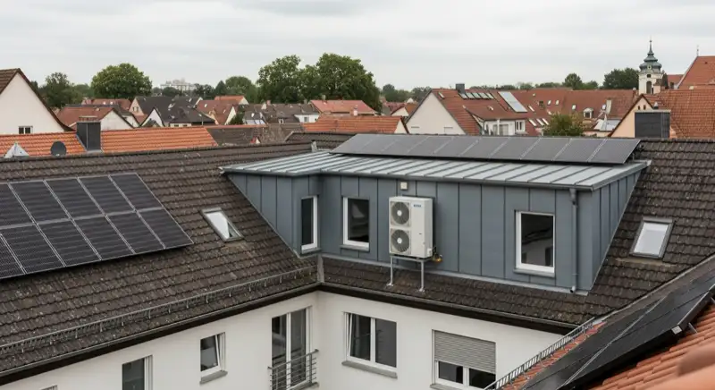 Installateur erklärt Wärmepumpen-Technik vor historischem Gothaer Altbau