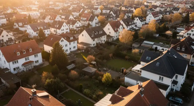Aerial drone view of typical German residential neighborhood with mixed roof types, red and dark roof tiles, gardens visible, sunny day
