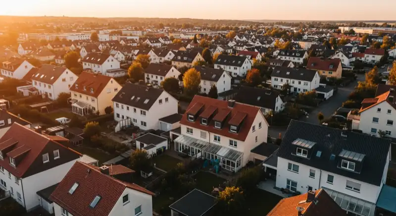 Aerial drone view of typical German residential neighborhood with mixed roof types, red and dark roof tiles, gardens visible, sunny day