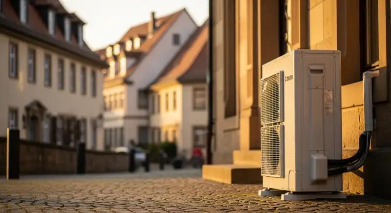 Wärmepumpen-Außeneinheit vor denkmalgeschütztem Altbau in Gotha Altstadt