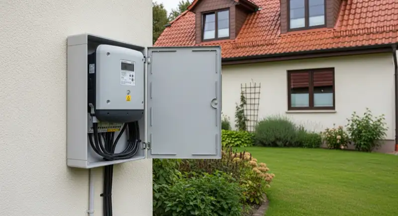 Modern German electrical meter cabinet (Zählerschrank) with smart meter and solar inverter connection, clean technical installation