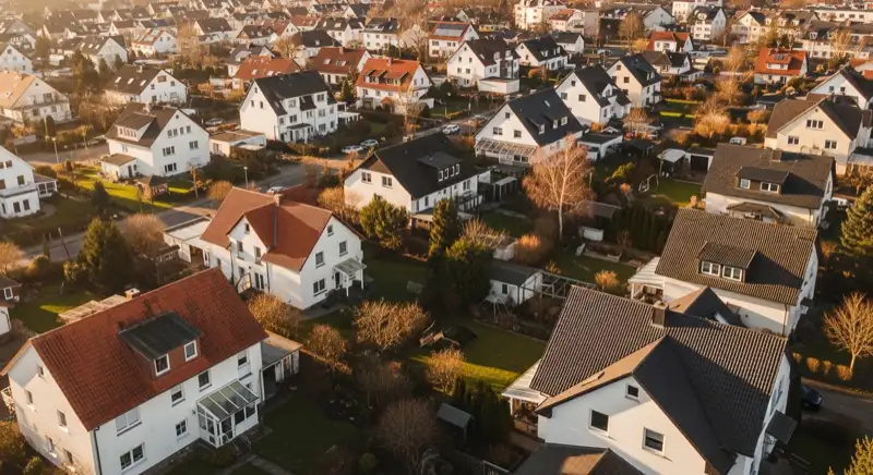 Aerial drone view of typical German residential neighborhood with mixed roof types, red and dark roof tiles, gardens visible, sunny day