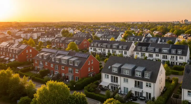 Aerial drone view of typical German residential neighborhood with mixed roof types, red and dark roof tiles, gardens visible, sunny day