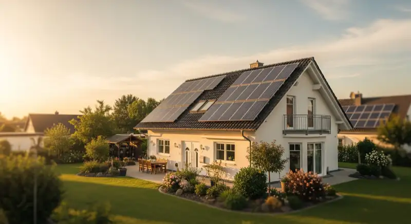 German detached house (Einfamilienhaus) with photovoltaic panels on pitched roof, well-maintained garden, warm afternoon sunlight