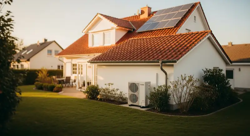 Einfamilienhaus in Grevenbroich mit Photovoltaik-Anlage auf dem Dach und Wärmepumpen-Außeneinheit im Garten