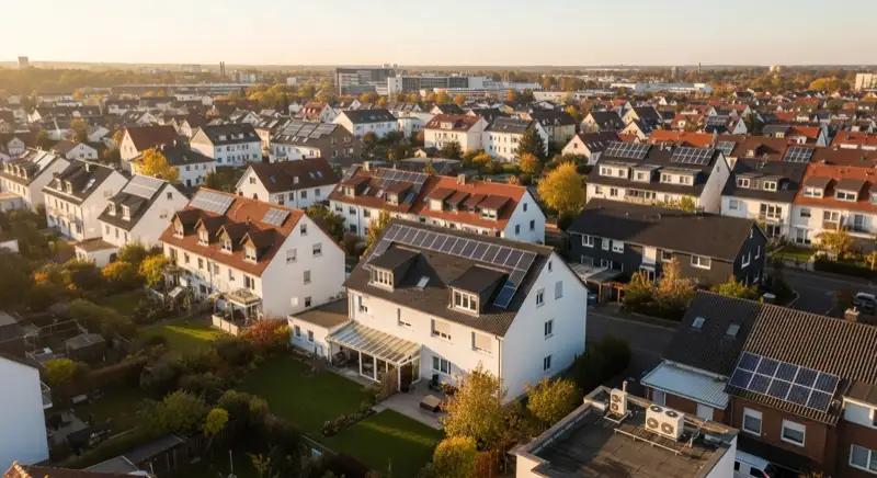 Aerial drone view of typical German residential neighborhood with mixed roof types, red and dark roof tiles, gardens visible, sunny day