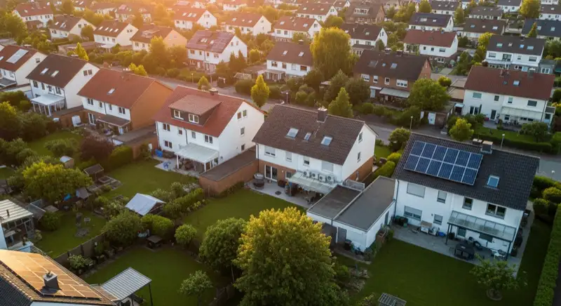 Aerial drone view of typical German residential neighborhood with mixed roof types, red and dark roof tiles, gardens visible, sunny day