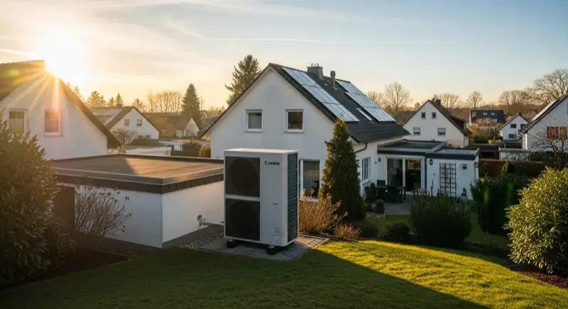 Luftwärmepumpen-Außeneinheit vor typischem Einfamilienhaus in Grevenbroich