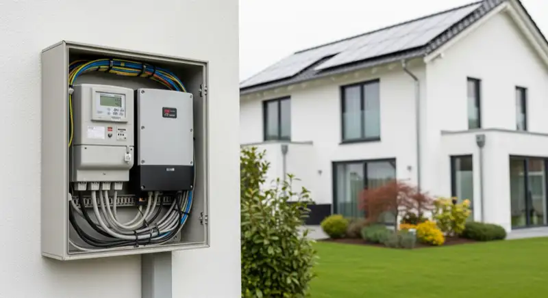 Modern German electrical meter cabinet (Zählerschrank) with smart meter and solar inverter connection, clean technical installation