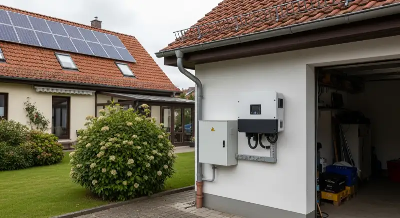Modern solar inverter mounted on garage wall next to electrical panel, clean professional installation, natural daylight