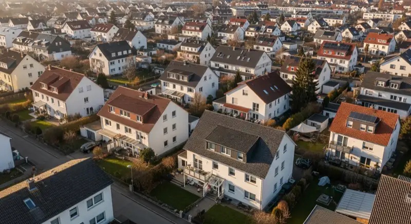 Aerial drone view of typical German residential neighborhood with mixed roof types, red and dark roof tiles, gardens visible, sunny day