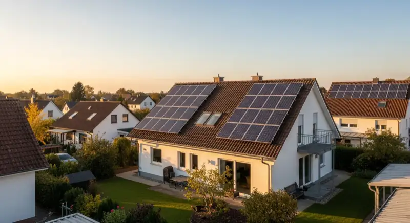 German detached house (Einfamilienhaus) with photovoltaic panels on pitched roof, well-maintained garden, warm afternoon sunlight