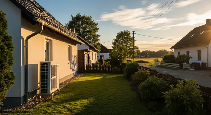 Wärmepumpen-Außeneinheit an einem Einfamilienhaus in ländlicher Wohnlage bei Güstrow