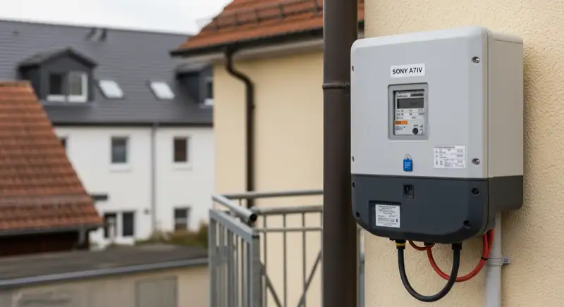 Modern German electrical meter cabinet (Zählerschrank) with smart meter and solar inverter connection, clean technical installation