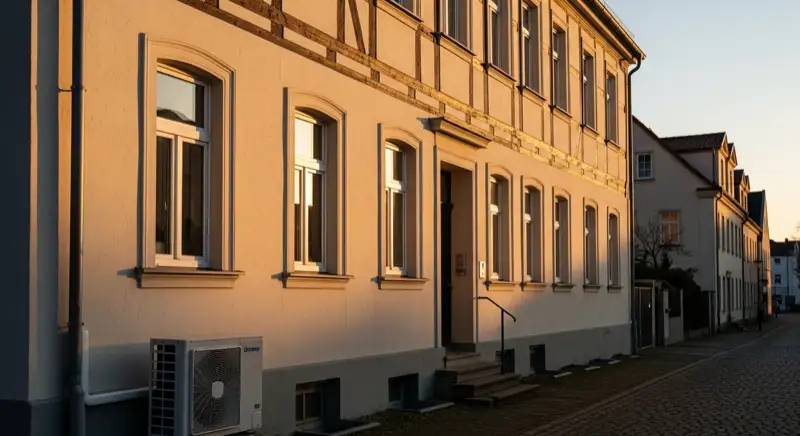 Altstadtstraße in Güstrow mit historischen Fassaden und unauffällig platziertem Wärmepumpen-Außengerät