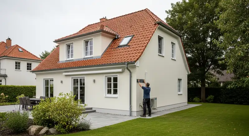 Installateur prüft den Standort für ein Wärmepumpen-Außengerät an einem Güstrower Einfamilienhaus