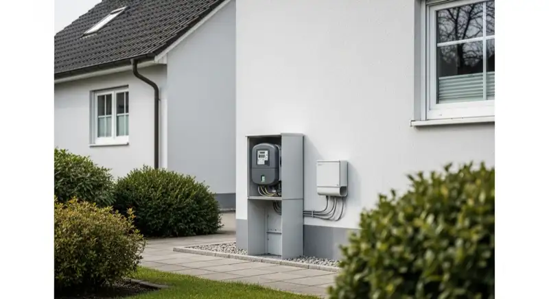 Modern German electrical meter cabinet (Zählerschrank) with smart meter and solar inverter connection, clean technical installation