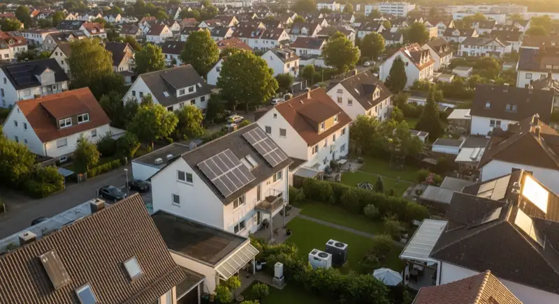 Aerial drone view of typical German residential neighborhood with mixed roof types, red and dark roof tiles, gardens visible, sunny day