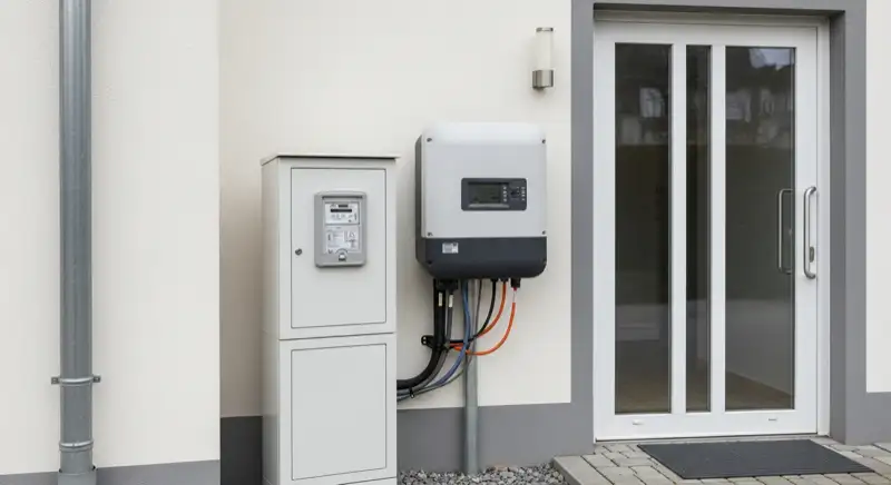 Modern German electrical meter cabinet (Zählerschrank) with smart meter and solar inverter connection, clean technical installation