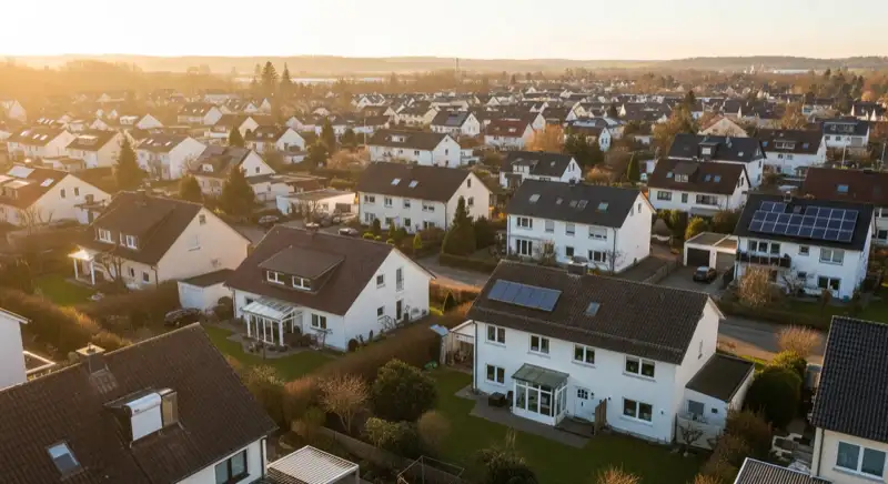 Aerial drone view of typical German residential neighborhood with mixed roof types, red and dark roof tiles, gardens visible, sunny day