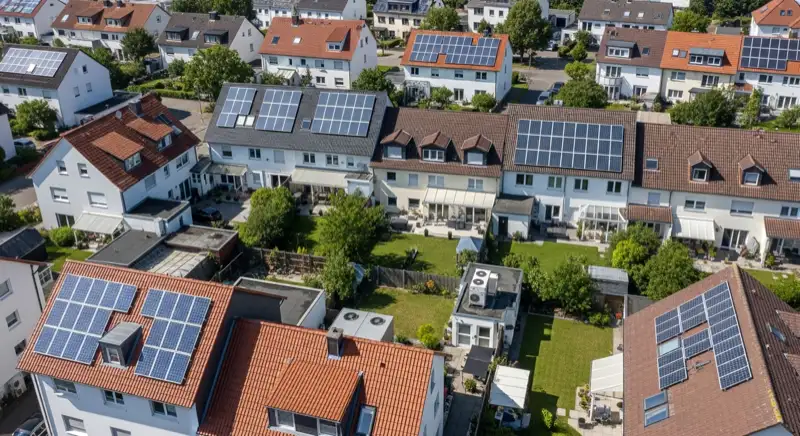 Aerial drone view of typical German residential neighborhood with mixed roof types, red and dark roof tiles, gardens visible, sunny day