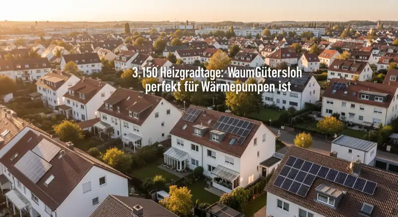 Aerial drone view of typical German residential neighborhood with mixed roof types, red and dark roof tiles, gardens visible, sunny day