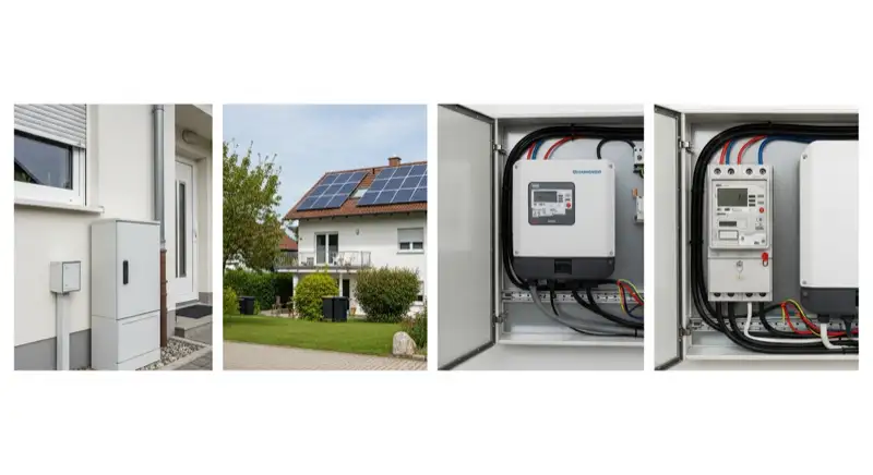 Modern German electrical meter cabinet (Zählerschrank) with smart meter and solar inverter connection, clean technical installation