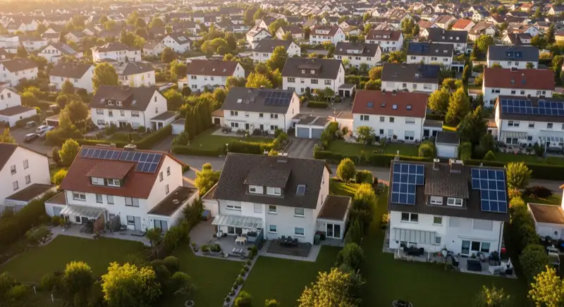 Aerial drone view of typical German residential neighborhood with mixed roof types, red and dark roof tiles, gardens visible, sunny day